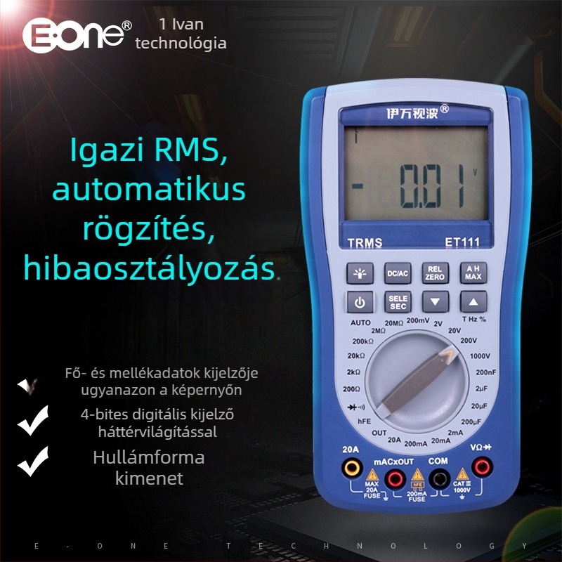 ET111 digitális multiméter valódi RMS-szel, automatikus tartomány, DC/AC feszültség és áram, kapacitás