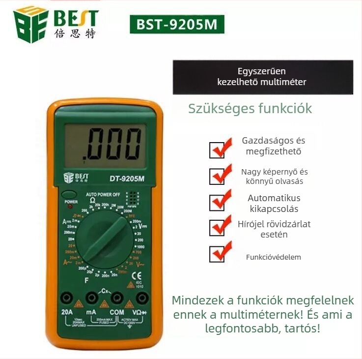 BST-9205M digitális multiméter nagy kijelzővel és égés elleni védelemmel