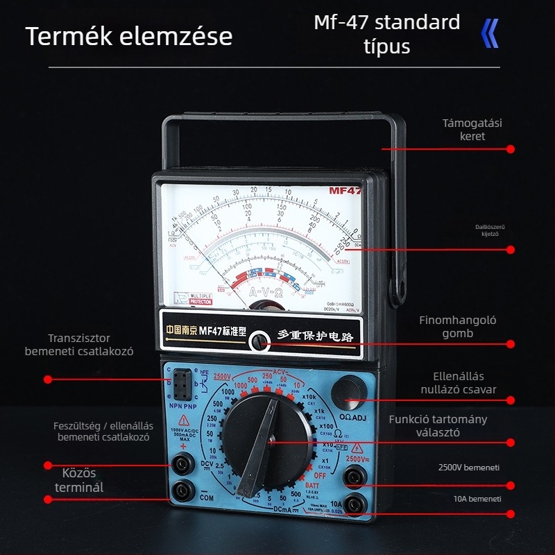 MF47-es multiméter, pointer sorozatú mechanikus készülék, magas fokú égés elleni védelem, professzionális használatra, Nanjing márka, tesztvezetőket tartalmaz