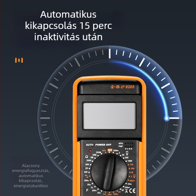 9205 digitális multiméter — automata, többfunkciós, szakmai használatra villanyszerelőknek, égésvédelmi funkció és automatikus kikapcsolás