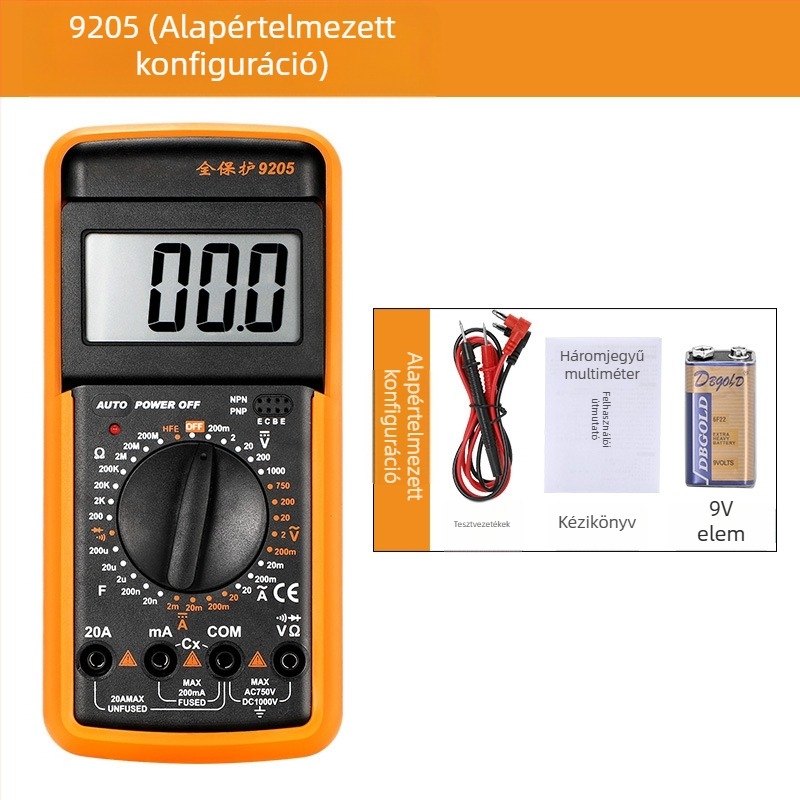 9205 digitális multiméter — automata, többfunkciós, szakmai használatra villanyszerelőknek, égésvédelmi funkció és automatikus kikapcsolás