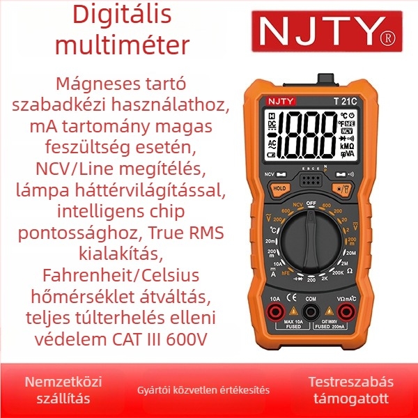 Digitális intelligens multiméter T21C, vezetékfelismeréssel és hőmérséklet-méréssel, intelligens chip és adatmegőrzés