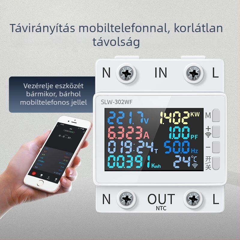 DIN-sínre szerelhető feszültség- és áramerősség-mérő, AC digitális kijelzővel, 170–300V, 63A, túlmelegedés és túláram elleni védelem