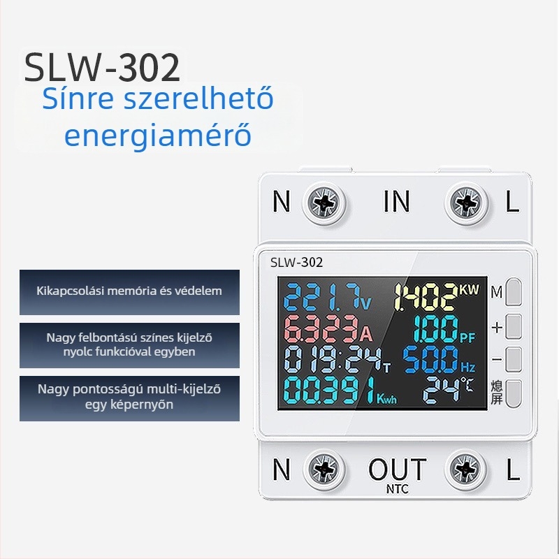 DIN-sínre szerelhető feszültség- és áramerősség-mérő, AC digitális kijelzővel, 170–300V, 63A, túlmelegedés és túláram elleni védelem