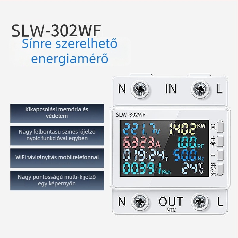 DIN-sínre szerelhető feszültség- és áramerősség-mérő, AC digitális kijelzővel, 170–300V, 63A, túlmelegedés és túláram elleni védelem