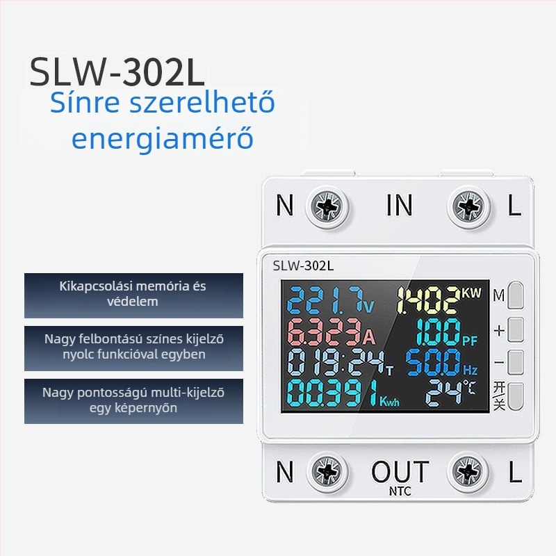 DIN-sínre szerelhető feszültség- és áramerősség-mérő, AC digitális kijelzővel, 170–300V, 63A, túlmelegedés és túláram elleni védelem