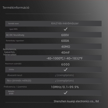 KUAIQU KM216B csipeszmérő, 600 V, DC/AC mérése, 600 A