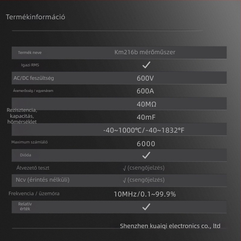 KUAIQU KM216B csipeszmérő, 600 V, DC/AC mérése, 600 A