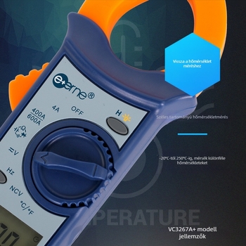 Digitális csíptetős mérő VC3267A+ automatikus tartománnyal: feszültség 40 mV–600 V, áram 40 A–400 A, ellenállás 400 Ω–4 mΩ; 40 MΩ