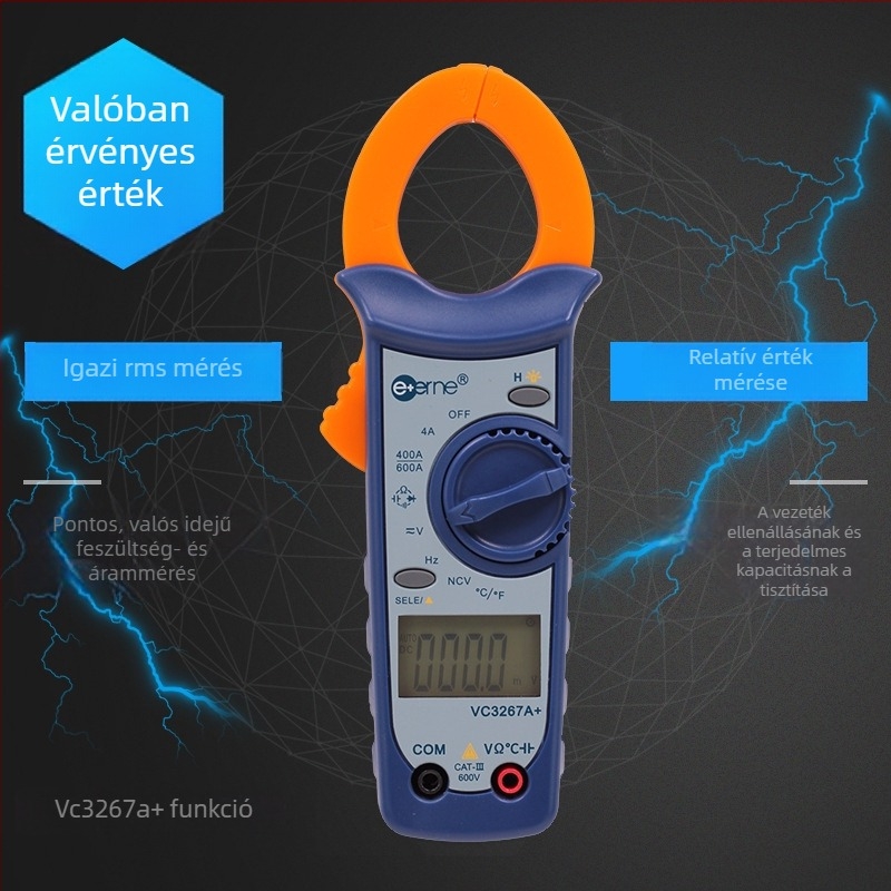 Digitális csíptetős mérő VC3267A+ automatikus tartománnyal: feszültség 40 mV–600 V, áram 40 A–400 A, ellenállás 400 Ω–4 mΩ; 40 MΩ