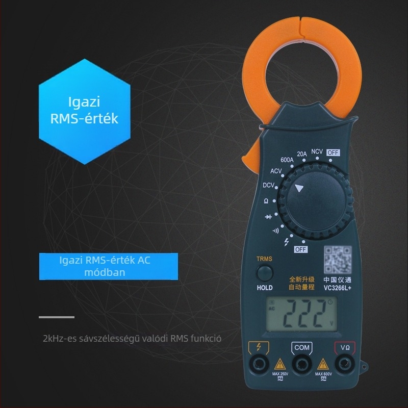 Digitális csuklós ampermérő, valódi RMS-sel, NCV-vel és automata tartománnyal; méri 600 V-ig, 600 A-ig és 2 MΩ-ig