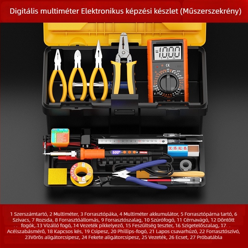 Mérőműszer és forrasztópáka oktatókészlet digitális kijelzővel, belső fűtés, villanyszerelő eszköztartó doboz