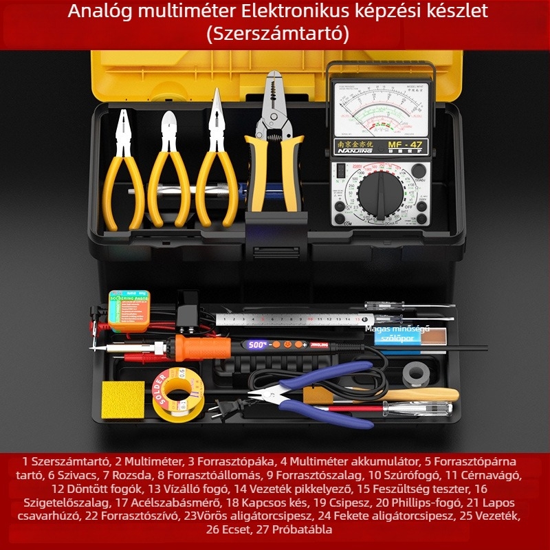 Mérőműszer és forrasztópáka oktatókészlet digitális kijelzővel, belső fűtés, villanyszerelő eszköztartó doboz