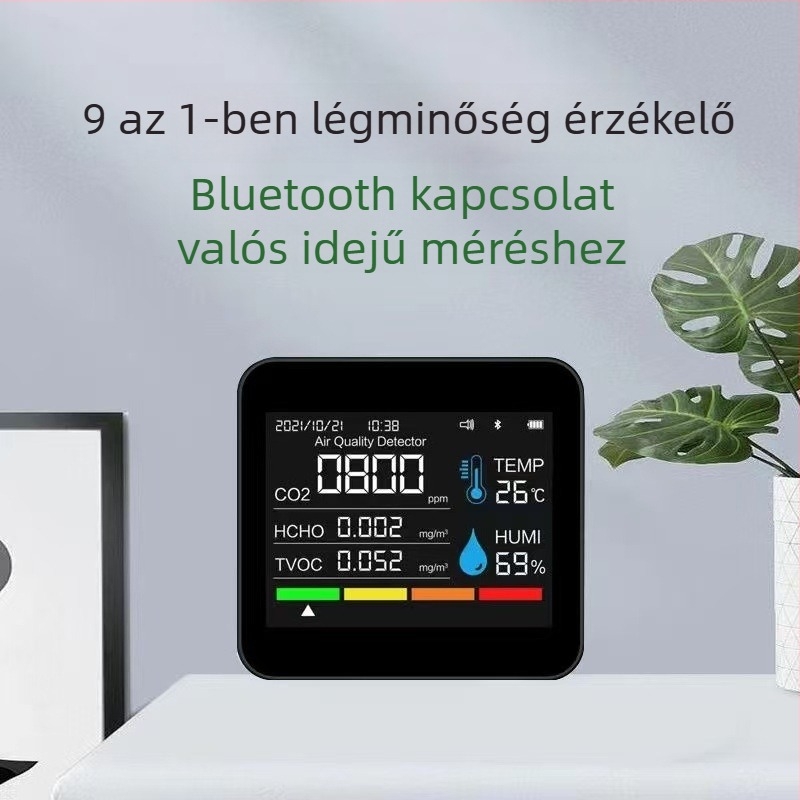 Axess Zn-2co11 CO2 és többgázas detektor, mérési tartomány 400-5000 ppm, méri CO2-t, formaldeidot, TVOC-t, PM2.5/PM1.0/PM10-et, hőmérséklet és páratartalom, DC tápegység