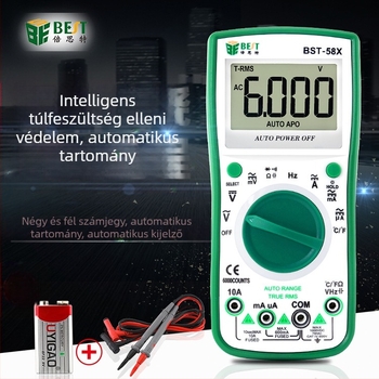58X digitális multiméter automatikus tartománnyal – DC/AC feszültség, DC/AC áramerősség, kapacitás és ellenállás mérése