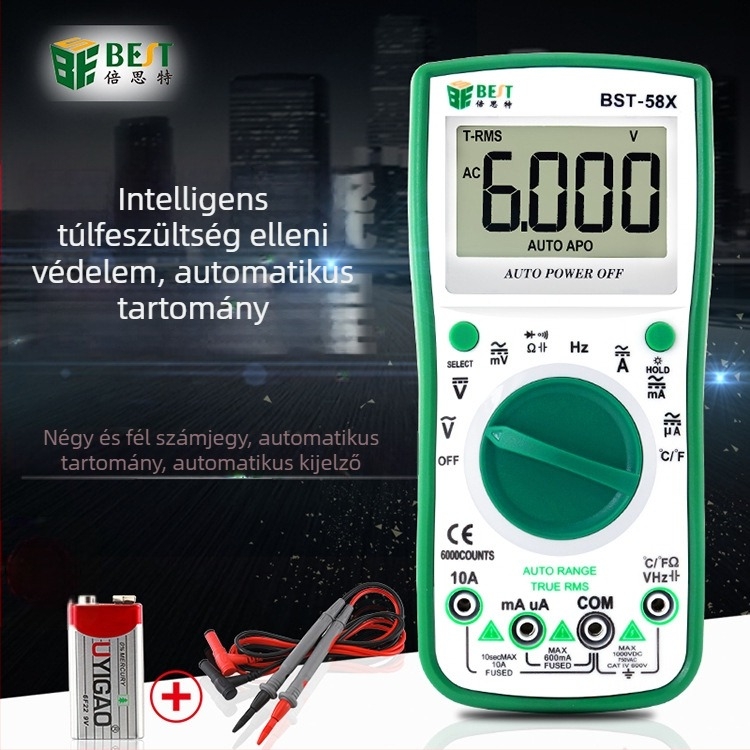 58X digitális multiméter automatikus tartománnyal – DC/AC feszültség, DC/AC áramerősség, kapacitás és ellenállás mérése