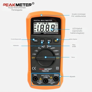 PEAKMETER PM8233E Digitális multiméter, kézben tartható hőmérő, automatikus tartomány