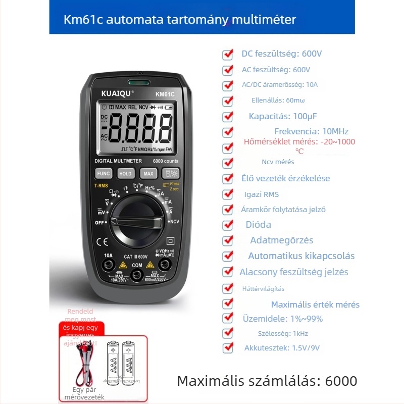 Kuaiqu digitális multiméter automatikus tartománnyal, AC/DC áram mérés, modell KM61C/KM61B