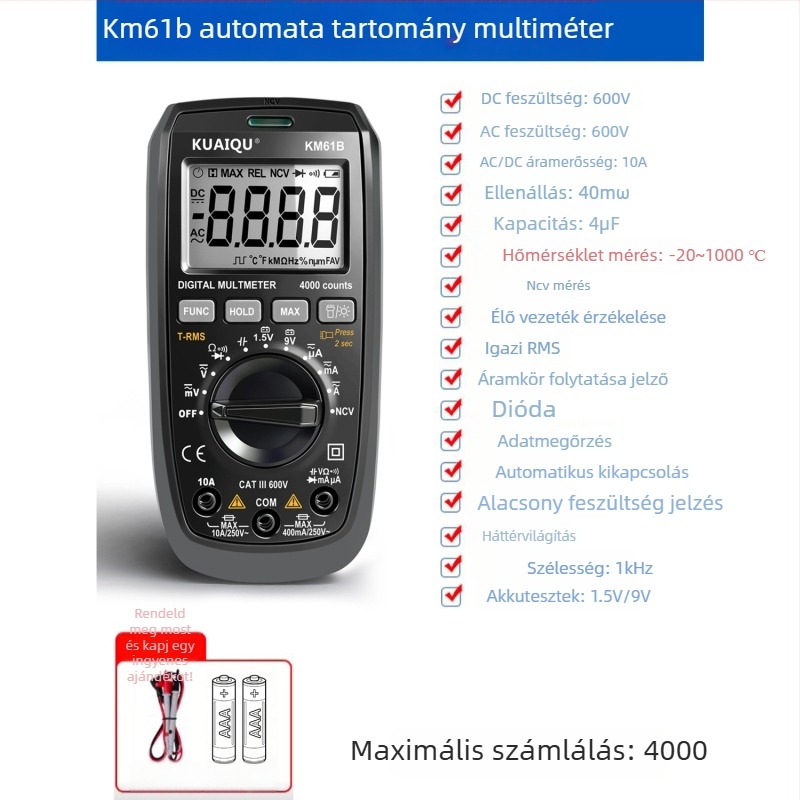 Kuaiqu digitális multiméter automatikus tartománnyal, AC/DC áram mérés, modell KM61C/KM61B