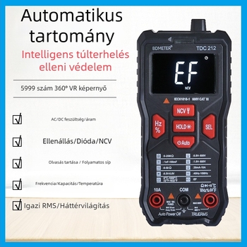 Okos digitális multiméter gombbal, automatikus kijelző, kézi kivitel – égési és esés elleni védelem (Modell TDC212; otthon, diákok, professzionális használat, javítás; CE ISO9001 FCC)
