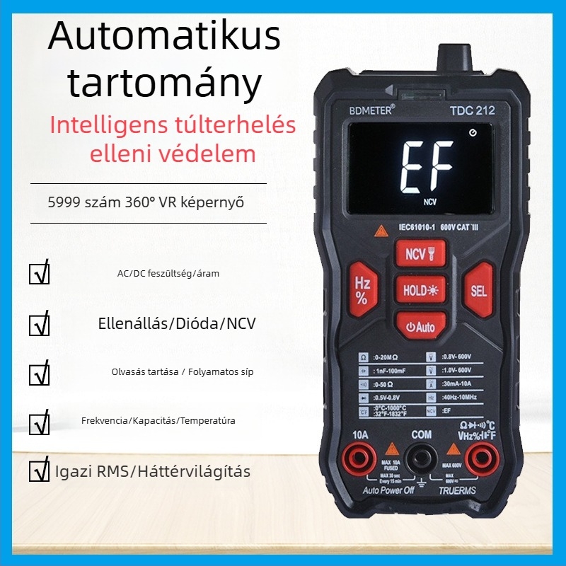 Okos digitális multiméter gombbal, automatikus kijelző, kézi kivitel – égési és esés elleni védelem (Modell TDC212; otthon, diákok, professzionális használat, javítás; CE ISO9001 FCC)
