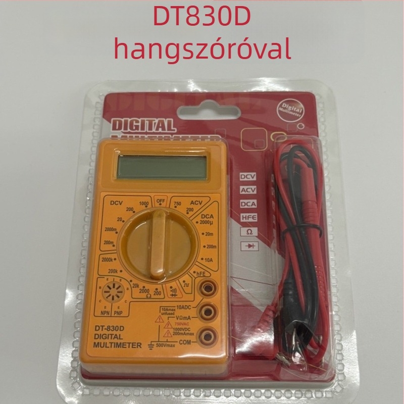 Digitális multiméter 830D, kézi, DC/AC feszültség mérés, kontinuitás és dióda vizsgálat, 1999-es kijelző, 9V elem, tartozék: mérővezetékek és használati útmutató