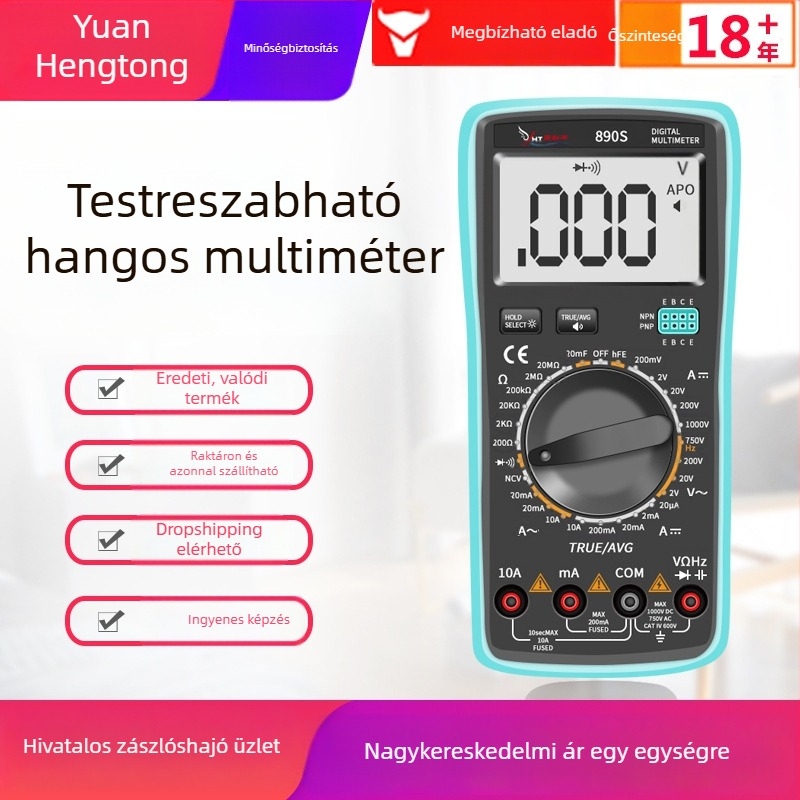 890S digitális multiméter hangos bejelentéssel és nagy pontosságú automatikus digitális kijelzővel, otthoni és professzionális felhasználásra