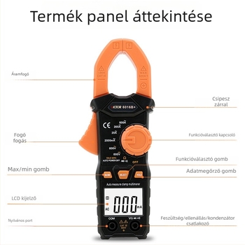 VC6016B+ digitális clamp-multiméter; áramerősség mérés 0.01-600 A; feszültség 600 V-ig; ellenállás 20 MΩ; fogónyílás 30 mm
