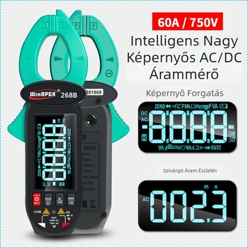 Han Yan 268B AC/DC áramfogó klampmetró, 600 mA–60 A tartomány, modell 268B, 3,7 V Li-ion akkumulátor
