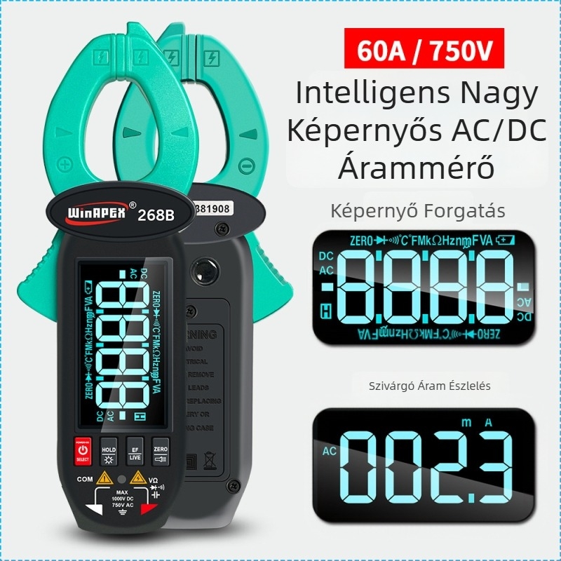 Han Yan 268B AC/DC áramfogó klampmetró, 600 mA–60 A tartomány, modell 268B, 3,7 V Li-ion akkumulátor