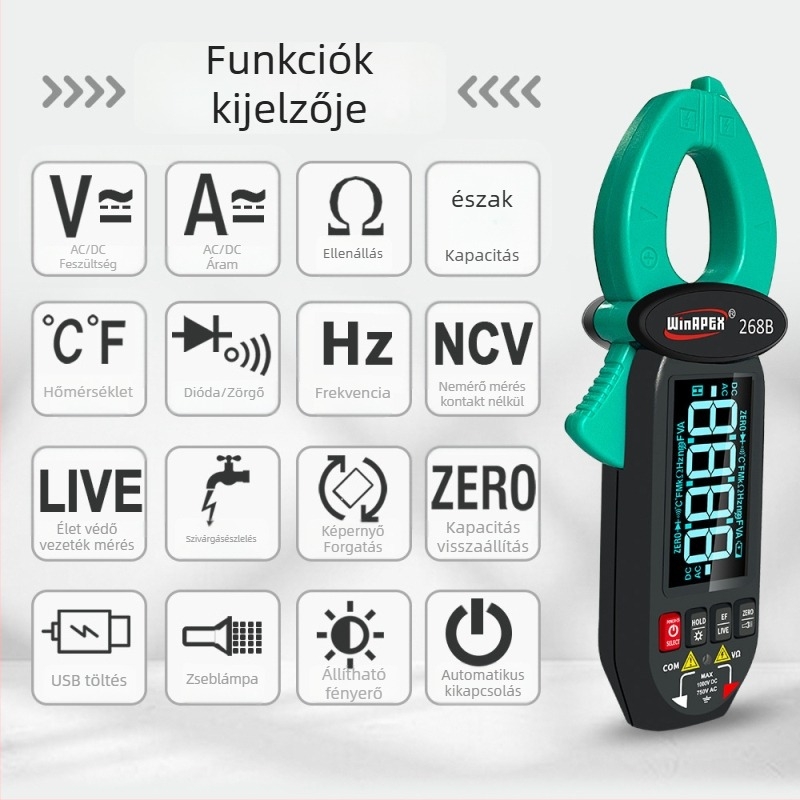 Han Yan 268B AC/DC áramfogó klampmetró, 600 mA–60 A tartomány, modell 268B, 3,7 V Li-ion akkumulátor