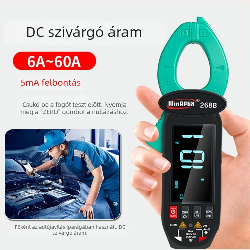 Han Yan 268B AC/DC áramfogó klampmetró, 600 mA–60 A tartomány, modell 268B, 3,7 V Li-ion akkumulátor