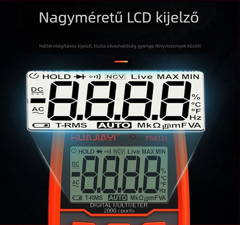FS8331 hordozható digitális multiméter, automatikus mérési tartomány, adatmegőrzés, IEC 61010 biztonság, 6000-es kijelző