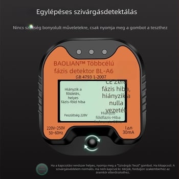 Fázisdetektor és többfunkciós aljzat-tesztelő polaritás, szivárgás és földelés detektálásával