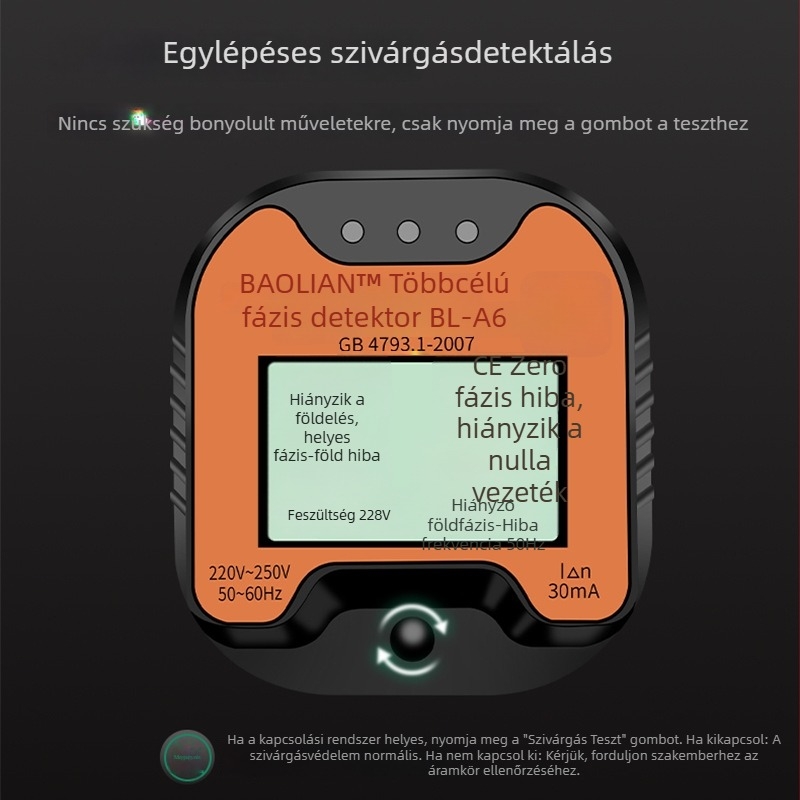 Fázisdetektor és többfunkciós aljzat-tesztelő polaritás, szivárgás és földelés detektálásával
