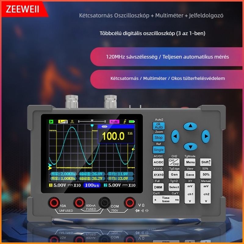 DSO3D12 Magas teljesítményű, automata, kétcsatornás digitális oszcilloszkóp beépített multiméterrel, 120 MHz sávszélesség, 500 MS/s mintavételi sebesség
