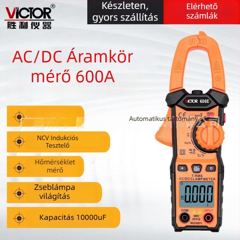 Victor VC606E digitális clamp-multiméter AC áram méréséhez, LCD kijelző, tartomány 4A–600A VC606D