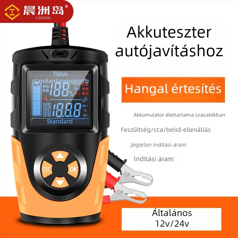 12–24V ólom-savas akkumulátor detektor — élő hang, nagy kijelző, 12–24V működés, -10–50°C, autók, motorkerékpárok, elektromos járművek és targoncák számára