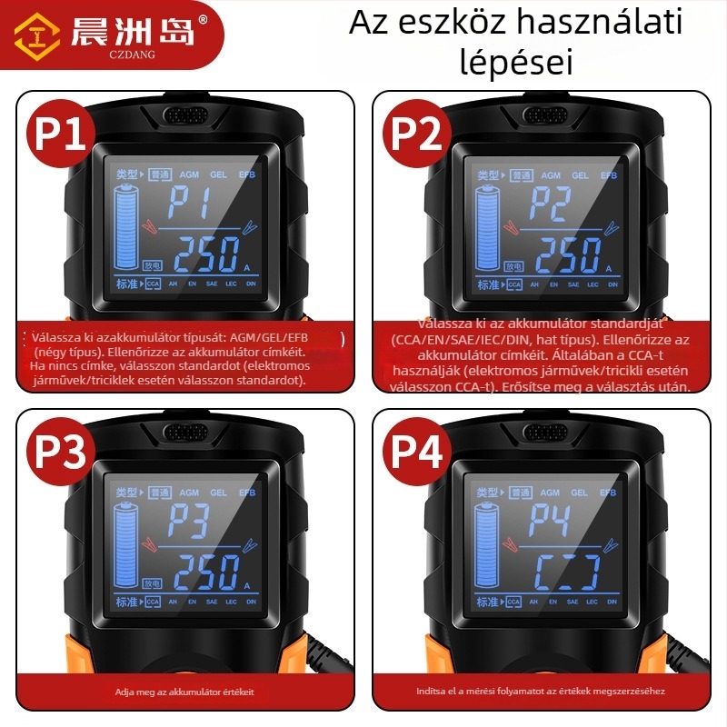 12–24V ólom-savas akkumulátor detektor — élő hang, nagy kijelző, 12–24V működés, -10–50°C, autók, motorkerékpárok, elektromos járművek és targoncák számára
