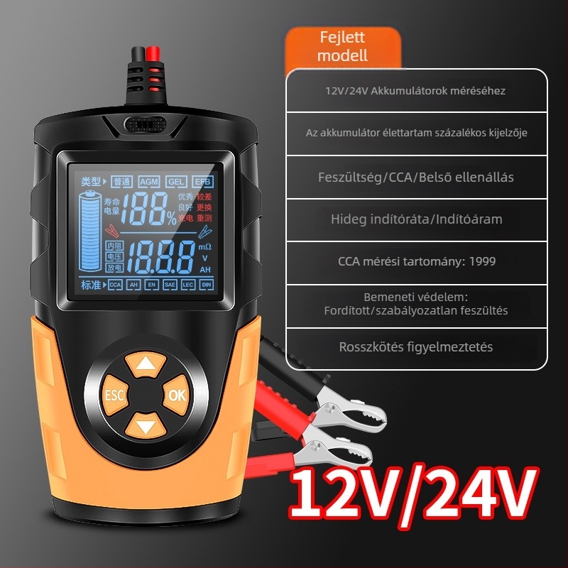 12–24V ólom-savas akkumulátor detektor — élő hang, nagy kijelző, 12–24V működés, -10–50°C, autók, motorkerékpárok, elektromos járművek és targoncák számára