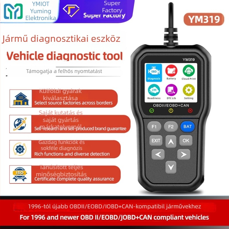 Gépjármű diagnosztikai eszköz motor- és akkumulátorhiba-észlelésével (5–18 V; -20°C-tól 65°C-ig; YM319; YMOBD)