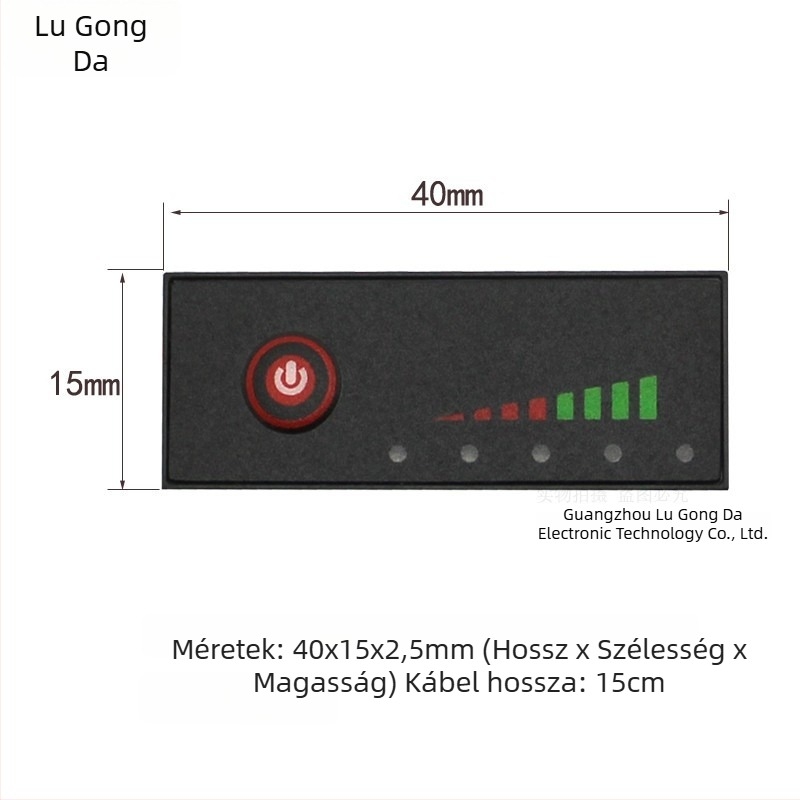 Lítium akkumulátorcsomag teljesítményjelzője: bemenet/kimenet 0–60 V, töltöttségi százalék kijelző, fordított polaritás elleni védelem, -10°C–65°C tartományban működik