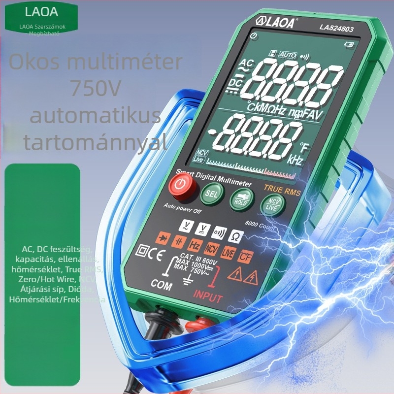 Digitális multiméter, hordozható, kiemelkedő pontosság, égés elleni védelem, automatikus tartomány, többfunkciós mérő