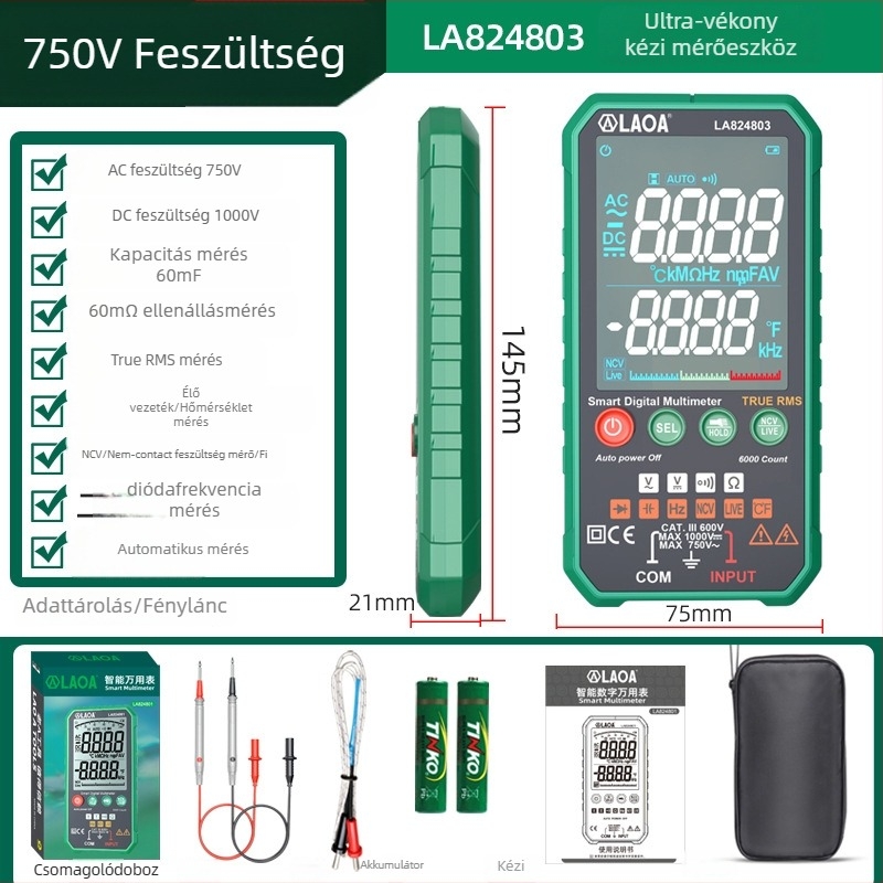 Digitális multiméter, hordozható, kiemelkedő pontosság, égés elleni védelem, automatikus tartomány, többfunkciós mérő