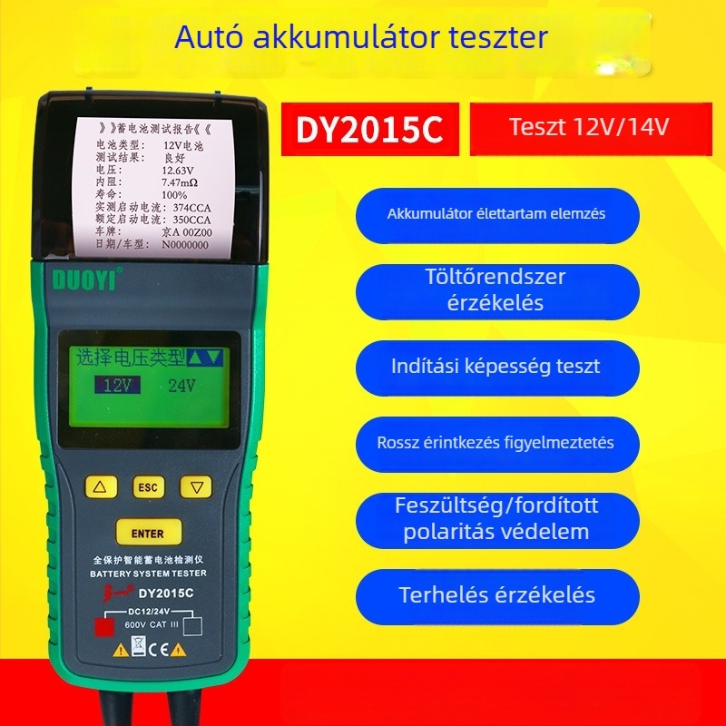 Duoyi Dy2015C autóakku teszter – akkumulátor kapacitása, élettartam, belső ellenállás, indítás és töltés, 12V teszter