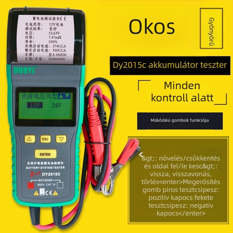 Duoyi Dy2015C autóakku teszter – akkumulátor kapacitása, élettartam, belső ellenállás, indítás és töltés, 12V teszter
