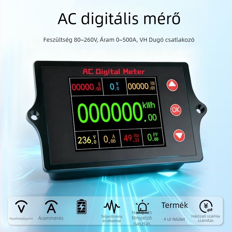 Peacefair Többfunkciós AC feszültség- és áramerősség mérő digitális kijelzővel, teljesítményfigyelés, frekvencia, energiamérő