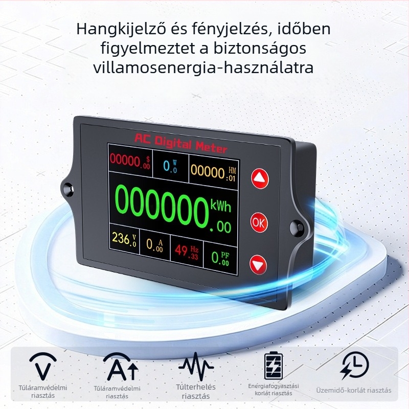 Peacefair Többfunkciós AC feszültség- és áramerősség mérő digitális kijelzővel, teljesítményfigyelés, frekvencia, energiamérő
