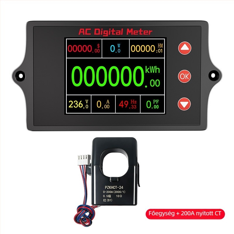 Peacefair Többfunkciós AC feszültség- és áramerősség mérő digitális kijelzővel, teljesítményfigyelés, frekvencia, energiamérő