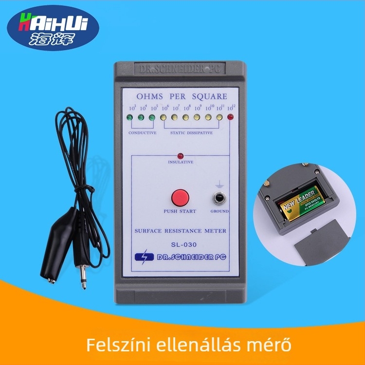 SL-030 felületi ellenállás mérő, digitális antistatizáló mérőeszköz, modell SL-030, működés: 9V elem, márka Haihui, licencelt magáncímke: Igen